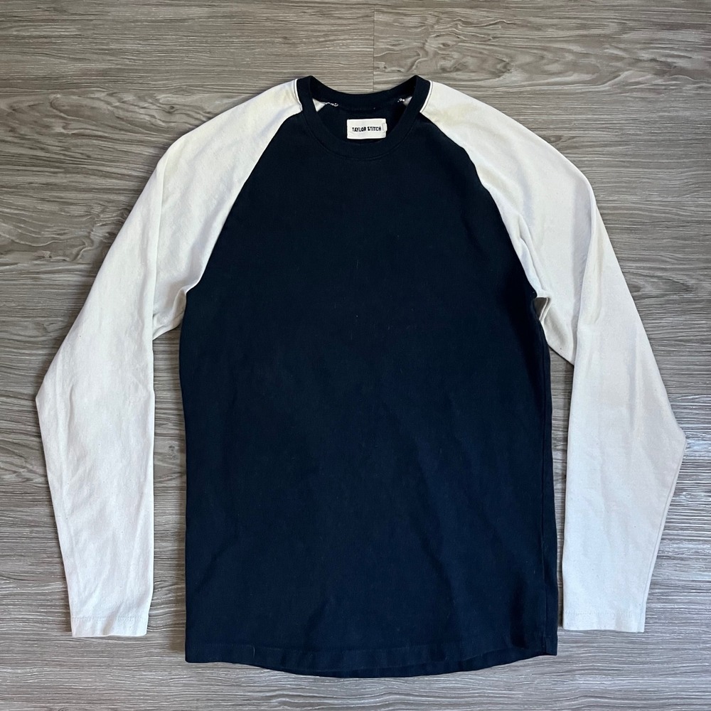 Taylor Stitch Heavy Bag Baseball Tee Navy Natural Raglan Mens Size 36 Small